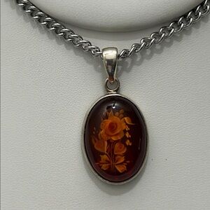 Artisan Made Sterling Silver Genuine Baltic Amber Modern Style Pendant Necklace